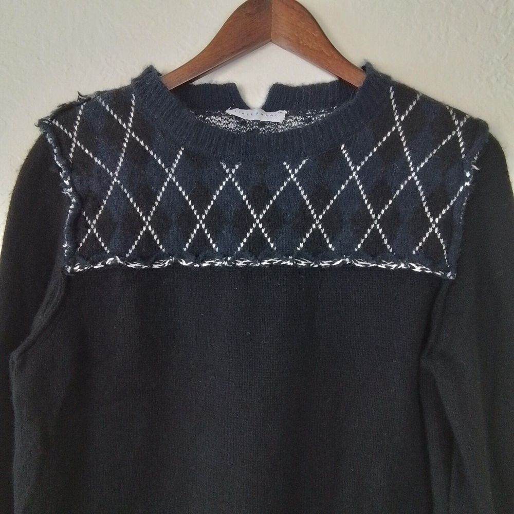 Sibel Saral Knit Sweater Sz XS Black Argyle Yak Alpaca Luxury Academia Crew Neck - Picture 2 of 12